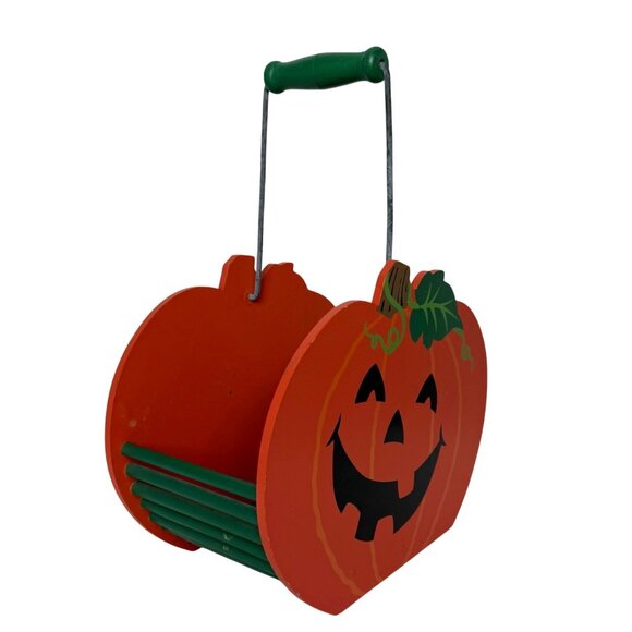 Wooden Halloween Pumpkin Decorative Basket Trick or Treat Smiling JackOLantern G - Picture 1 of 16